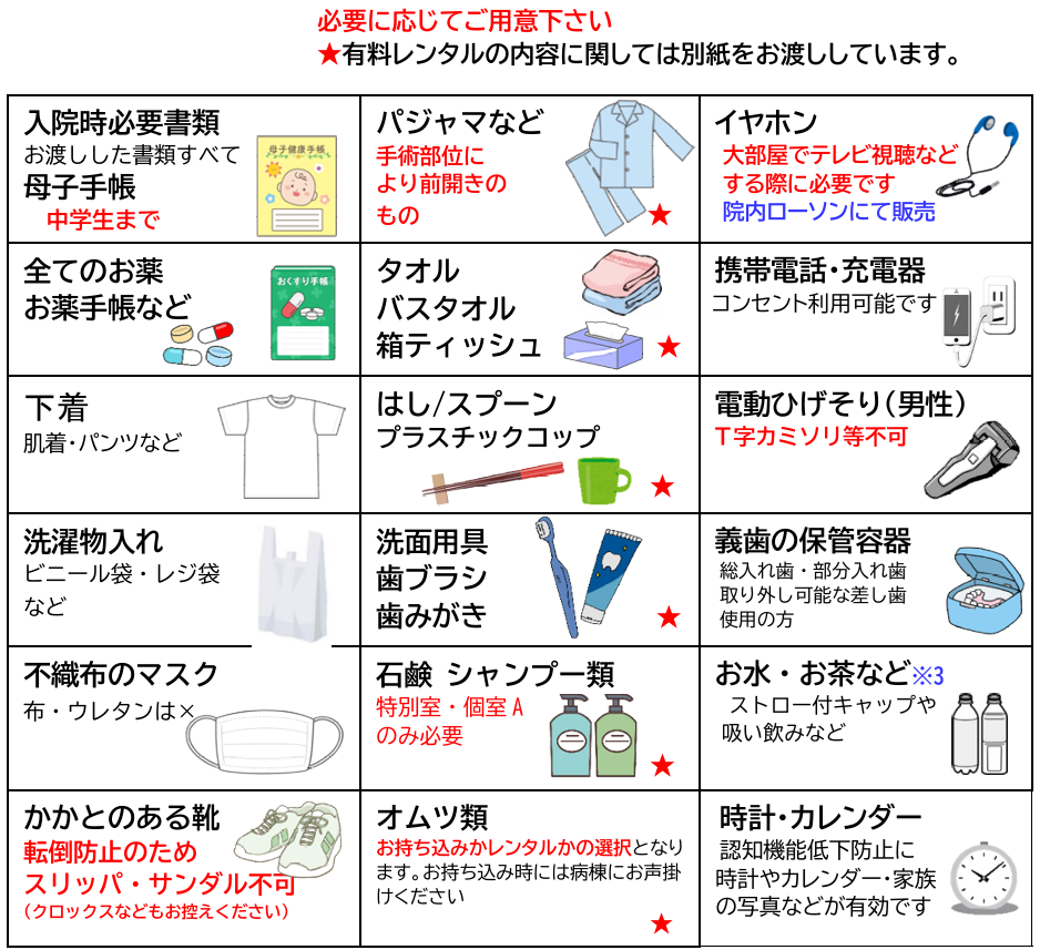 入院前に準備していただくもの